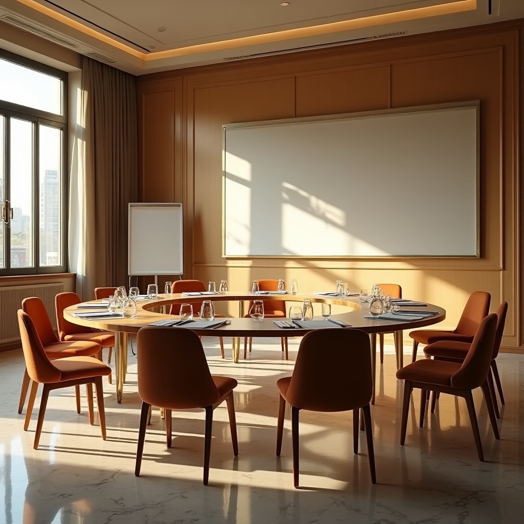 Sala de formación preparada para taller de negociación con disposición en mesa redonda